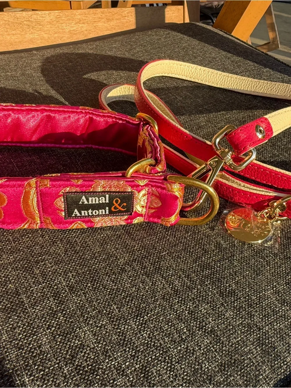 Luxury hand made dog collar and Italian leather handmade leash. Pink and gold